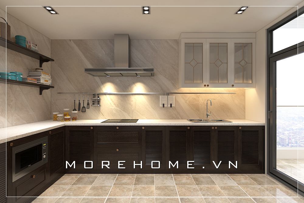 Mẫu tủ bếp chữ L gỗ tự nhiên tone màu trầm hiện đại cho căn bếp chung cư Tủ bếp hiện đại